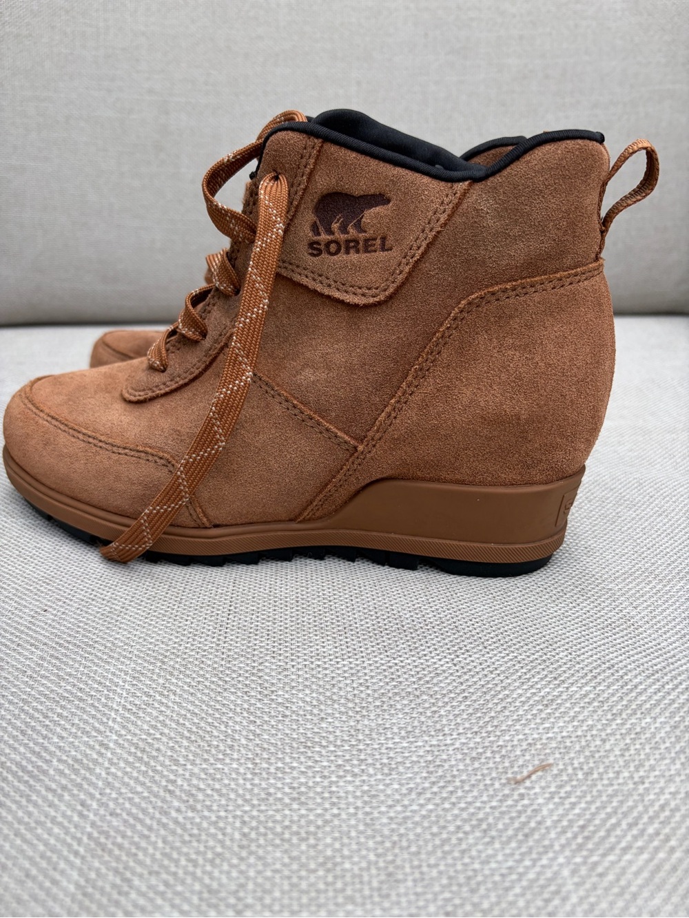 Sorel Evie Tan Suede Wedge Lace-Up Ankle Boot